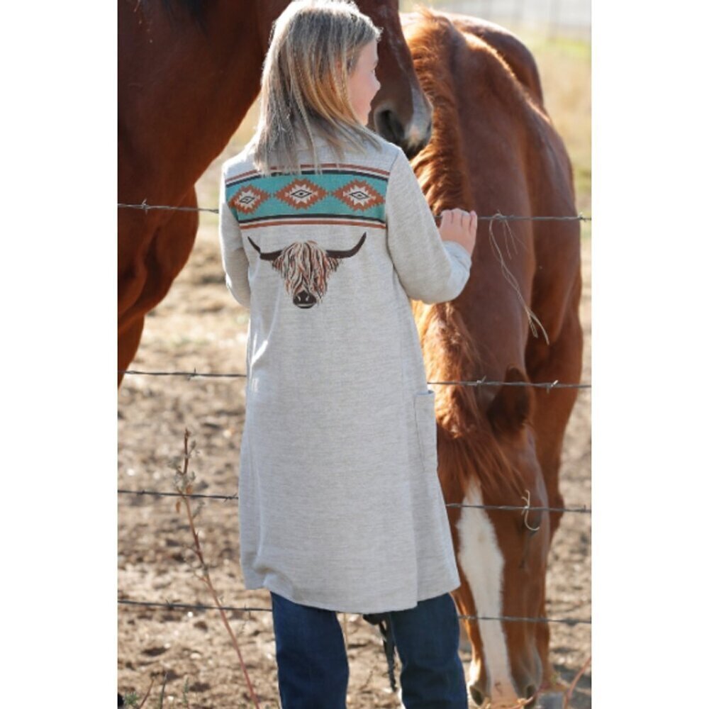 Cruel Girl's Long Sleeve Highland Cow Sweater Knit Duster Cardigan Gray